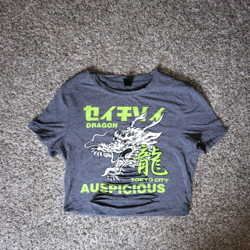 Cool Grey Crop Top with Green and Whitw Graphic Baby Tee with Cut Out Slits